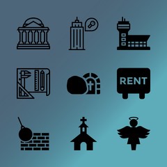 Wall Mural - Vector icon set about building with 9 icons related to blank, concrete, moving, demolition, summer, destruction, religion, finance, religious and airport