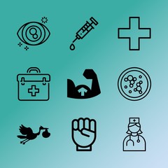 Wall Mural - Vector icon set about medicine with 9 icons related to caucasian, modern, procedure, giving, bacteria, holy, athlete, closeup, thermometer and fitness