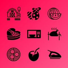 Vector icon set about food with 9 icons related to black, smoke, tomato, poultry, flame, laundry, cleaner, rooster, paper and one