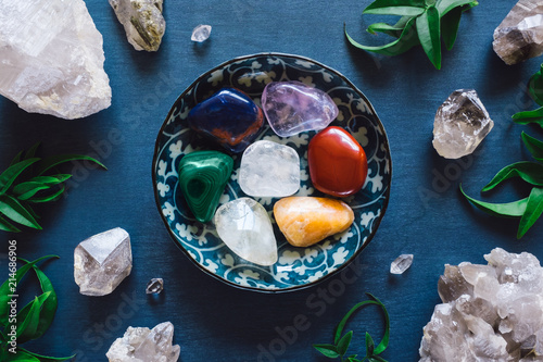 Rainbow Stones and Quartz on Blue Table Wallpaper Mural