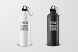 Fototapeta  - Vector realistic 3d white and black empty glossy metal water bottle with black bung icon set closeup on white background. Design template of packaging mockup for graphics. Front view