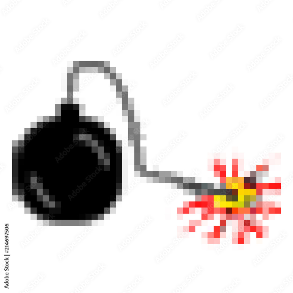 Pixel art: a cartoon-style round black bomb with a lit fuse. Stock ...