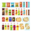 Snack product set for vending machine. Fast food snacks, drinks, nuts, chips, cracker, juice, sandwich for vendor machine bar isolated on white background. Flat illustration in vector