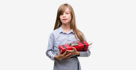 Sticker - Young blonde child holding dynamite bomb with a happy face standing and smiling with a confident smile showing teeth