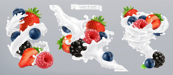 Wall Mural - Forest berry and milk splash. Fruit and yogurt. 3d realistic vector icon