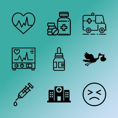 Vector icon set about medicine with 9 icons related to equipment, kid, backache, physical, electrocardiogram, aspirin, research, closeup, bone and motherhood