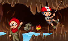 Children Exploring The Cave