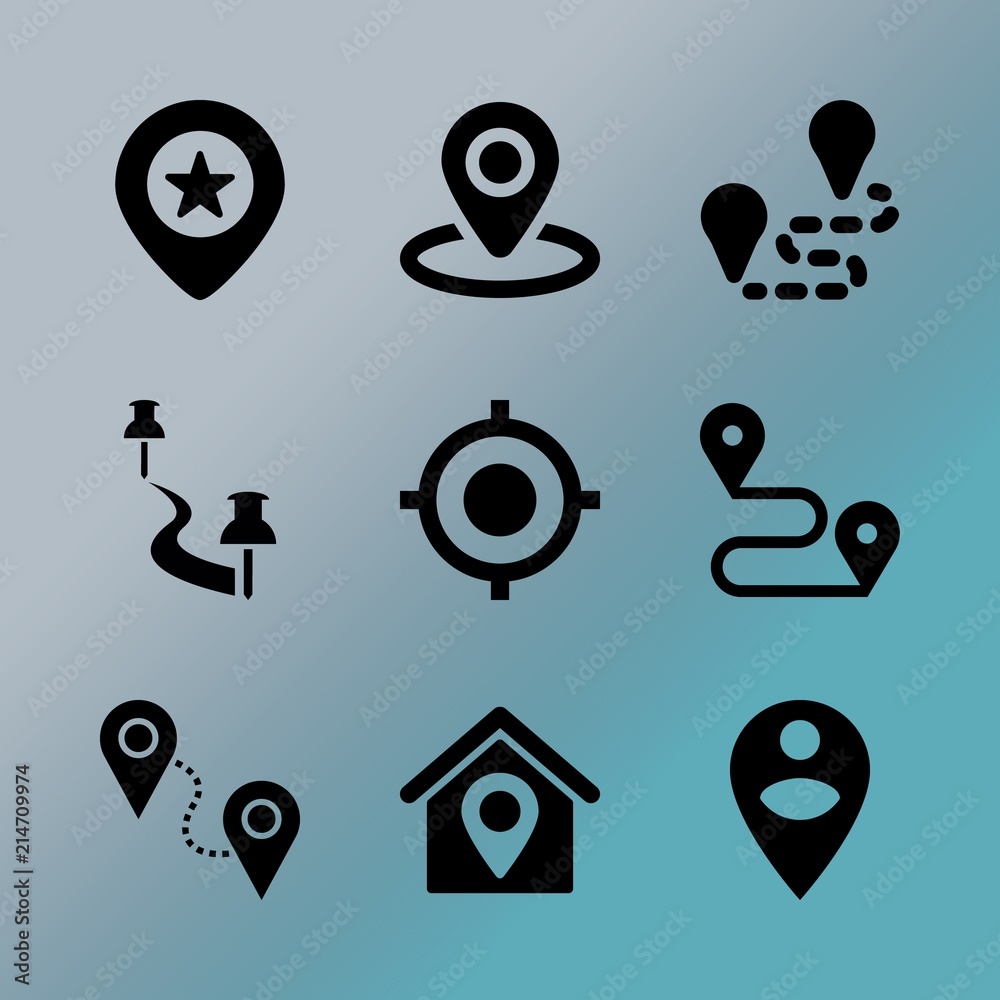 Vector icon set about location with 9 icons related to aiming, map, man ...