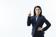 Portrait of smiling business woman pointing up with one finger, isolated on white studio background