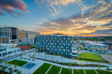 Sticker - Eager Park and Johns Hopkins Hospital at sunset, in Baltimore, Maryland