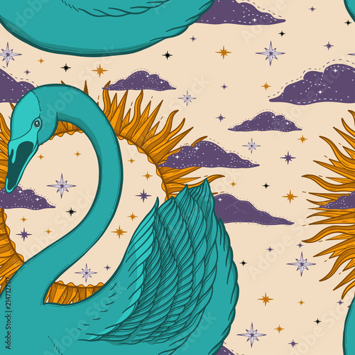 Cotton fabric Sketch graphic illustration Beautiful seamless pattern bird swan color with mystic and occult hand drawn symbols. Vector illustration. Vintage prints with Old Fashion Tattoos.