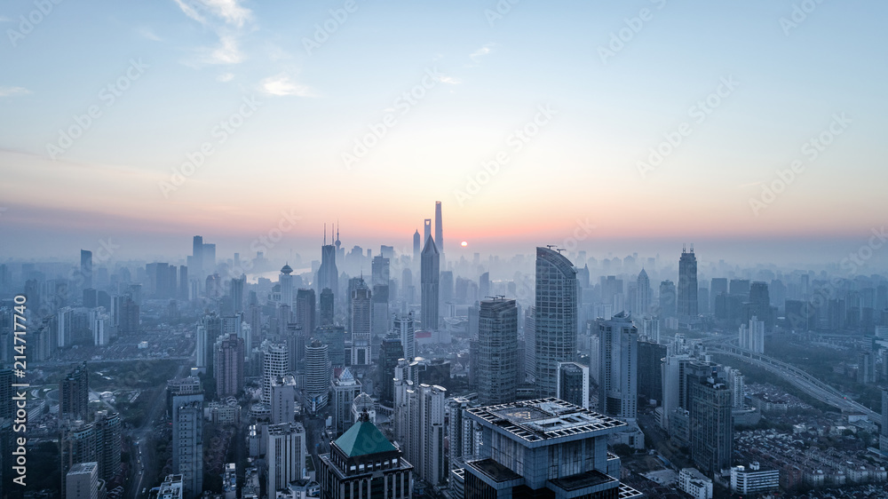 aerial view of shanghai city in foggy dawn