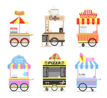 Delicious Street Fast Food Mobile Bright Carts Set