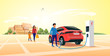 Modern electric suv car parking at the charger station in front of shopping mall. Young family shopping while the electro car is recharging batteries. Flat vector illustration concept. 