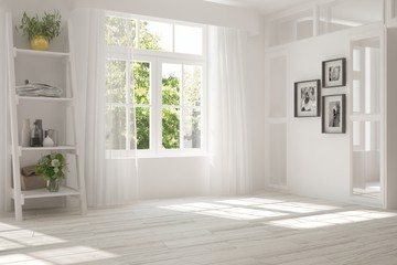white empty room with summer landscape in window. scandinavian interior design. 3d illustration