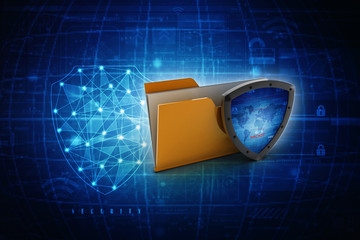 Poster - laptop folder with shield. Isolated 3d rendering image