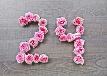 24, Twenty Four - Vintage Number Of Pink Roses On The Background Of Dark Wood - For Congratulations, Postcards, Websites, Design, Printing