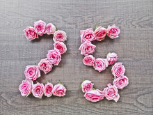 25, Twenty Five - Vintage Number Of Pink Roses On The Background Of Dark Wood - For Congratulations, Postcards, Websites, Design, Printing