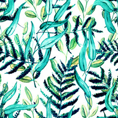  Seamless Realistic Watercolor Greenery Pattern. Hand Drawn Leaves and Branches Print. Summer, Spring Forest Herbs, Plants Texture. Foliage in Vintage Style. Nature Eco Friendly Concept. Textile.