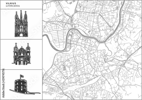 Cuadros en Lienzo Vilnius city map with hand-drawn architecture icons