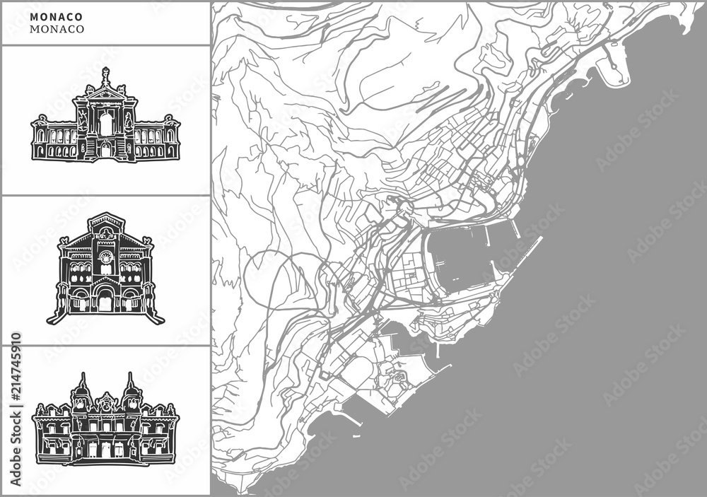 Monaco city map with hand-drawn architecture icons Stock Vector | Adobe ...