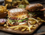 Fototapeta Sport - Hamburgers and French fries on the wooden tray.