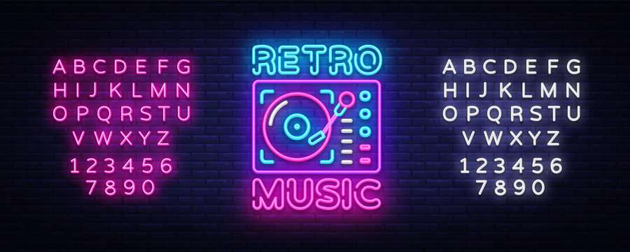 Retro Music neon sign vector. Retro Music Design template neon sign, Retro Style 80-90s, celebration light banner, gramophone neon signboard, nightly advertising. Vector. Editing text neon sign