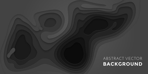 Poster - Black papercut geometric topography poster or paper cut liquid geometric gradient pattern with dark gray 3D multi layer banner background