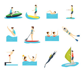 Canvas Print - Cartoon Water Sport and Characters People Set. Vector