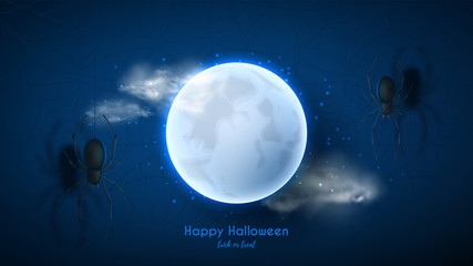 Canvas Print - Halloween night background with spiders. Vector illustration with realistic full moon on dark blue background with spider web pattern.