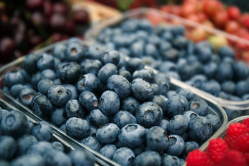 Containers with ripe blueberry at market, closeup