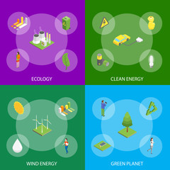 Poster - Ecology Concept Banner Set 3d Isometric View. Vector