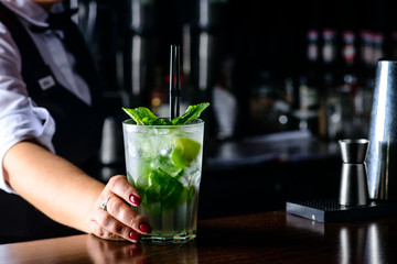 Wall Mural - Cold fresh Mojito cocktail on the bar counter