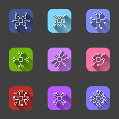 Wall Mural - set of flat icons in colored squares with shadow of microchips of cpu with various options of connec