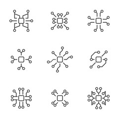 Wall Mural - Set of icons of microchip CPU with various options for connections with boards. Vector on white background.