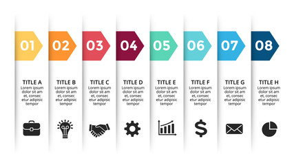 Vector paper arrows infographic, banners diagram, labels graph, stickers presentation chart. Business concept with 8 options, parts, steps, processes. Slide template.