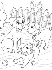 Sticker - Childrens coloring book cartoon family on nature. Mom dog and puppies children