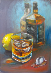 Still life with two bottles of bourbon, glass with alcohol drink with ice, with lemon and melting ice. Original artwork, oil painting on canvas