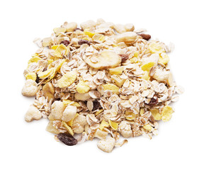 Heap of premium fruit muesli isolated on white