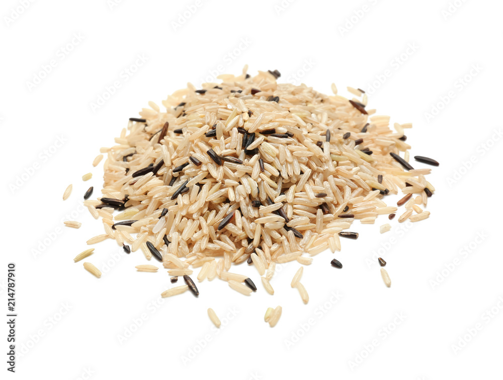 Pile of unpolished rice on white background