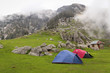 A group of dome tents placed on a grass field near Mcleodganj, Snow Line, Himachal Pradesh, India.