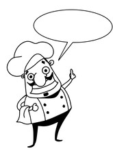 Cartoon Chef Characters  Pointing With His Finger And Speech Bubble And  Black White  Colors