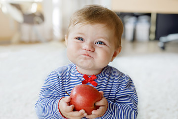 little adorable baby girl eating big red apple. vitamin and healthy food for small children. portrai