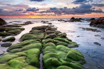 Wall Mural - view of beautiful sunset sky at unknown beach in Sabah, Malaysia. Natural coastal rocks covered by green moss on the ground. soft focus due to long expose.