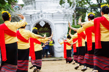 Thailand Traditional Dance. "Fron Sai Mai" Is A Dance Show Native Mimic That Is Imitated By Silk Weaving Of Villagers. In Donation Festival Of Wat Pan Sao Temple.