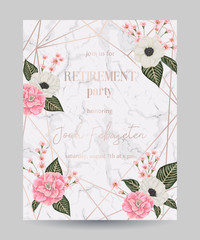 Retirement party invitation. Design template with rose gold polygonal frame and floral elements in watercolor style on white marble background. Vector illustration 