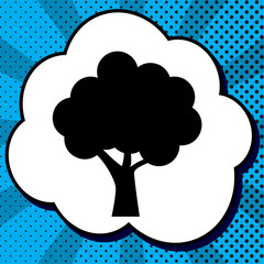 Tree icon. Vector. Black icon in bubble on blue pop-art backgrou