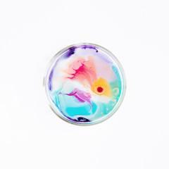 fluid art in a petri dish. colorful acrylic, ink, oil and watercolor marble paint splashes. abstract