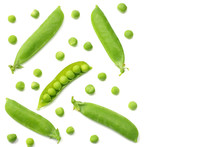 Fresh Green Peas Isolated On A White Background. Top View