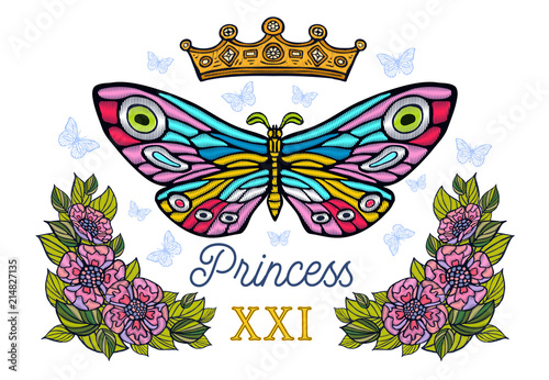 Cuadros en Lienzo Golden crown, butterflies colorful embroidery, vintage style flowers, flight insect butterflies, wings textured, stripe